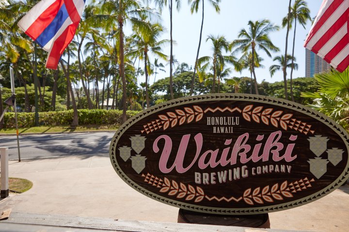 a sign in front of a palm tree waikiki brewery