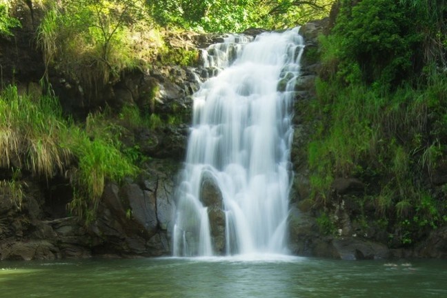 a waterfall with trees in the background