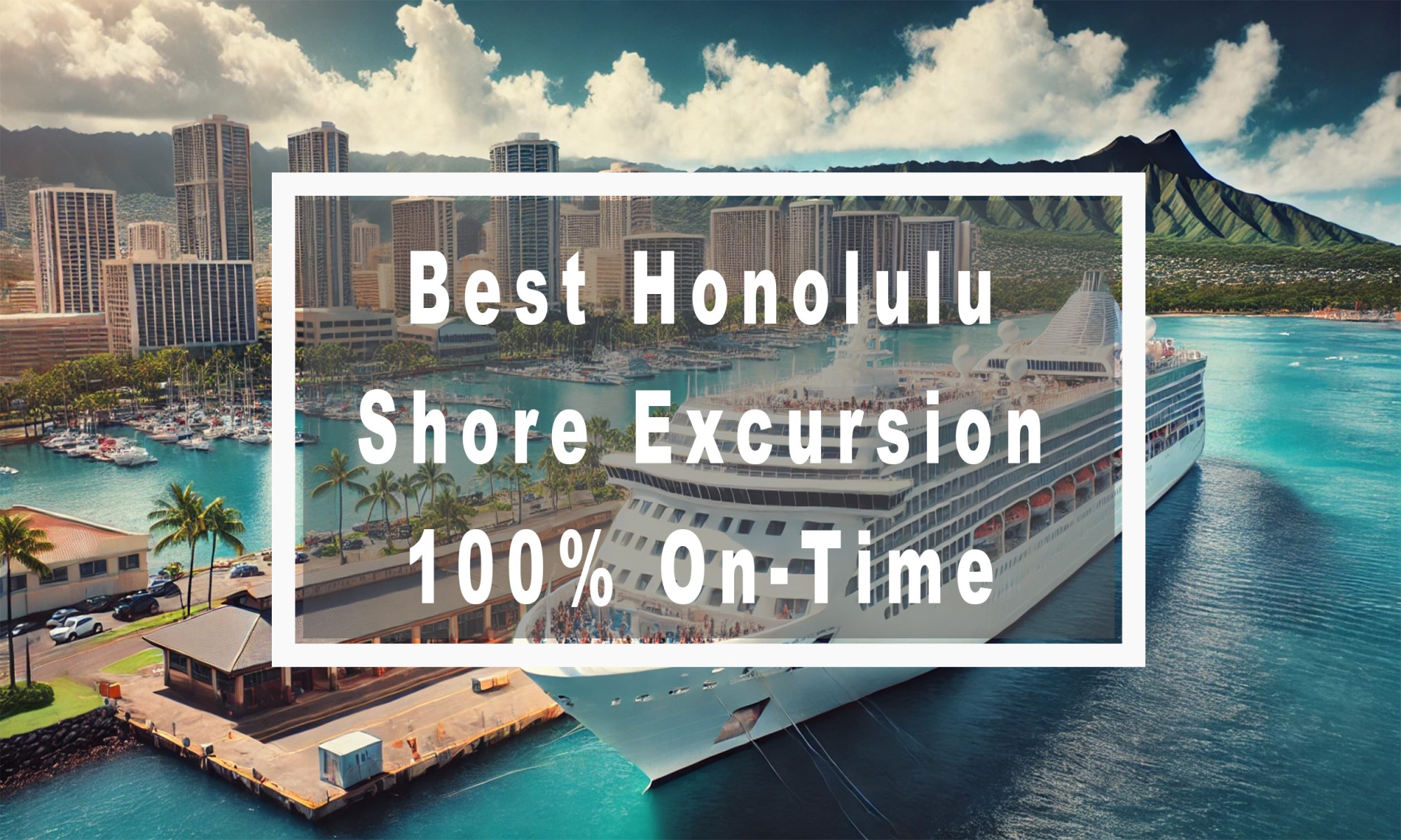 A large cruise ship docked at Honolulu Harbor with the Honolulu skyline and lush green mountains in the background. The image includes an overlay with the text 'Best Honolulu Shore Excursion 100% On-Time' inside a white rectangular border.